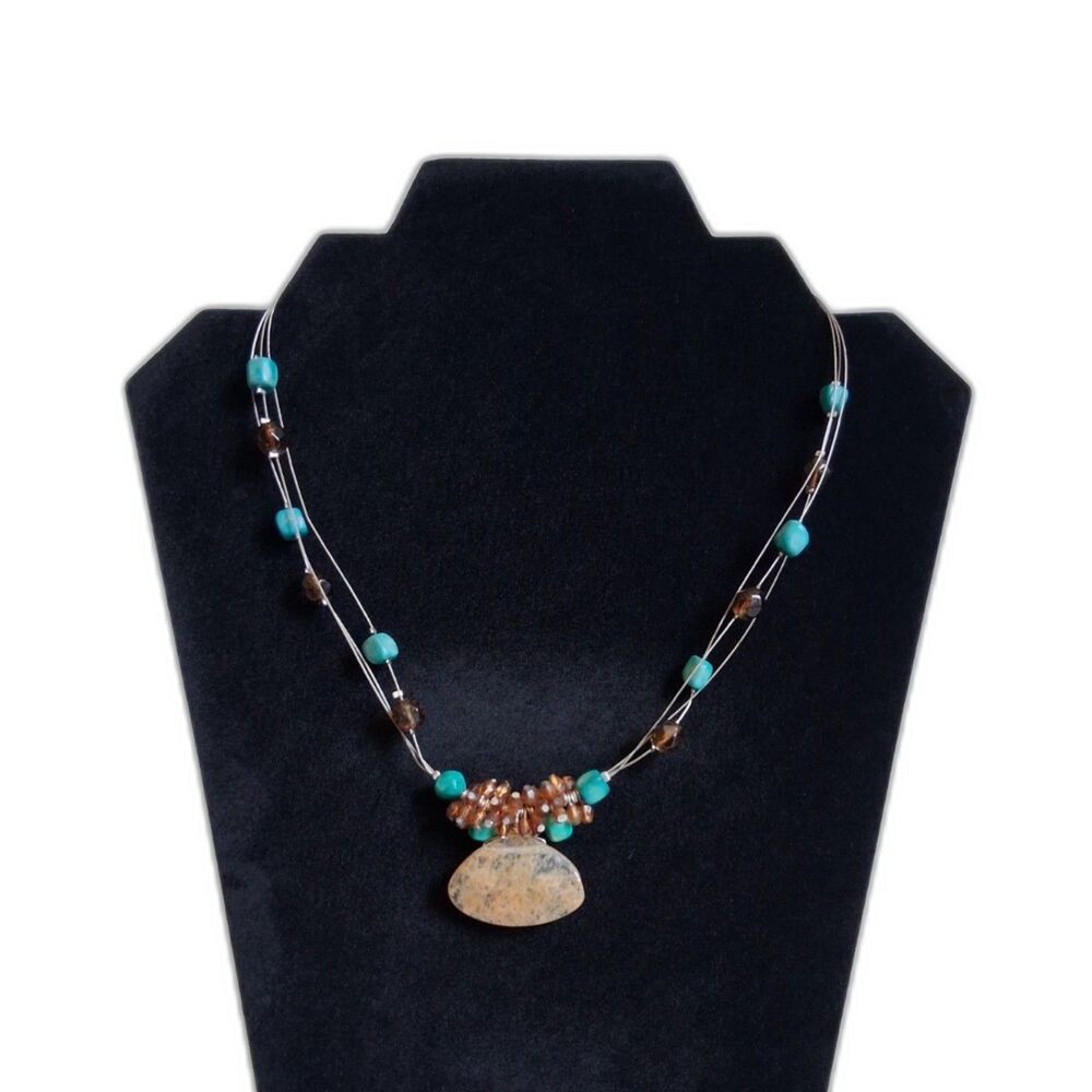 Handmade Brown and Turquoise Blue Beaded Floating Triple Strand Pendant Necklace